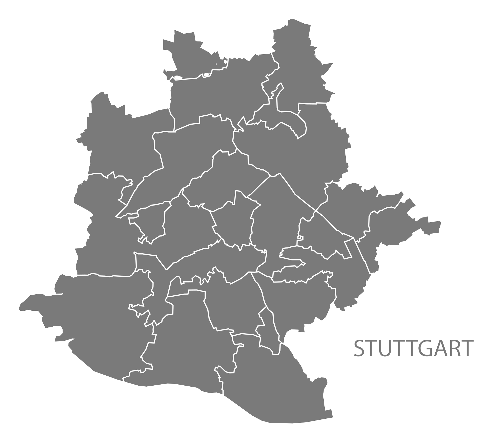 Graue Umrisse der Stadt Stuttgart mit sichtbaren Bezirksgrenzen und Namen