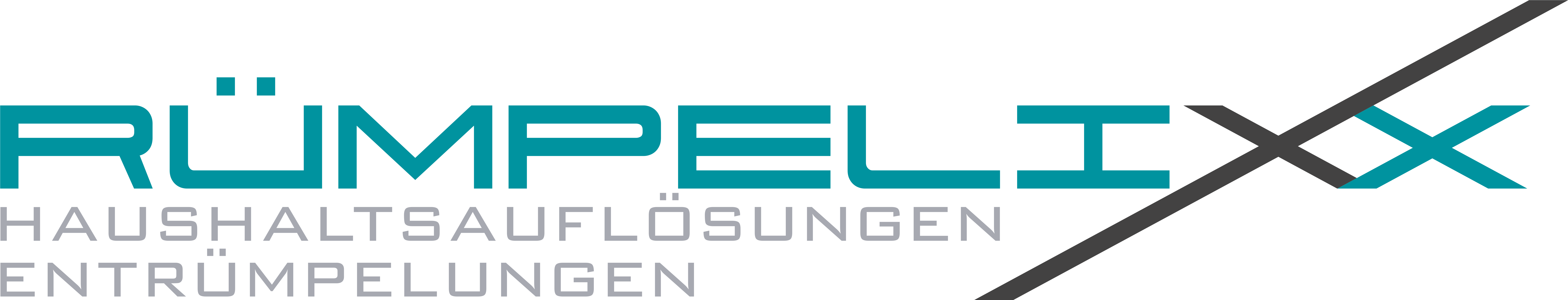 Das türkisfarbene Logo zeigt den Schriftzug Rümpelixx und graue Linien