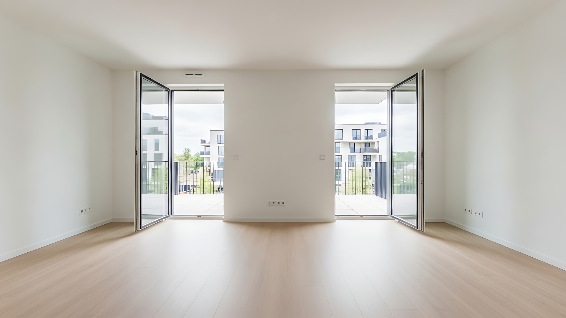 Bright empty room with wood floor and open doors leading to balconies in a modern apartment