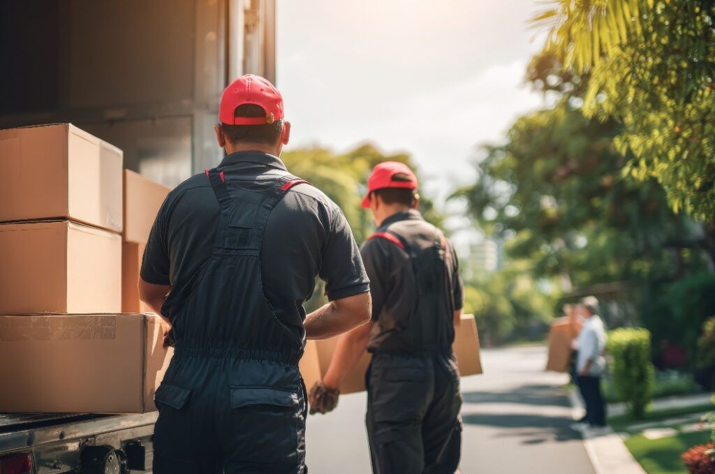 Professional Movers Unloading Boxes from Truck on Moving Day, Residential Relocation Services