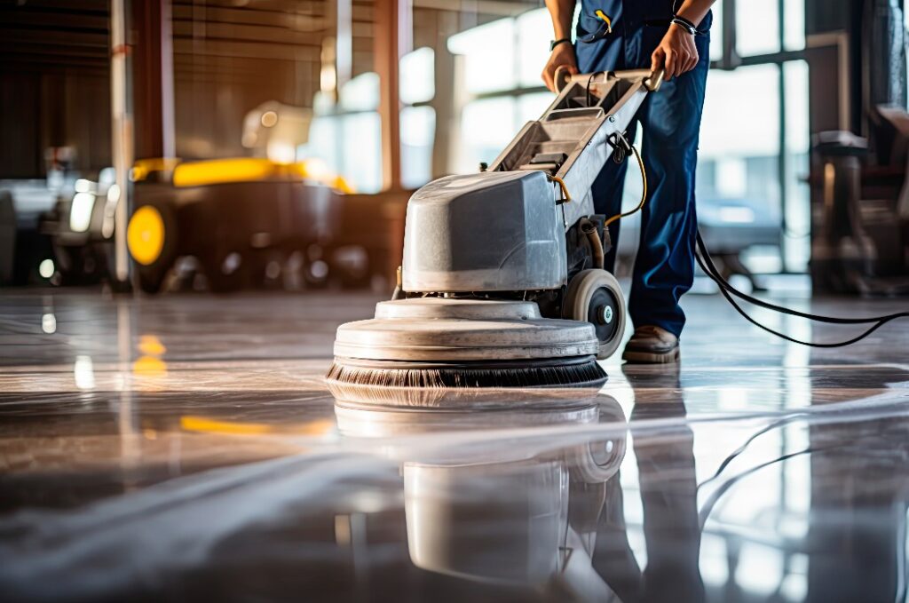  Worker polishing hard floor with high speed polishing machine